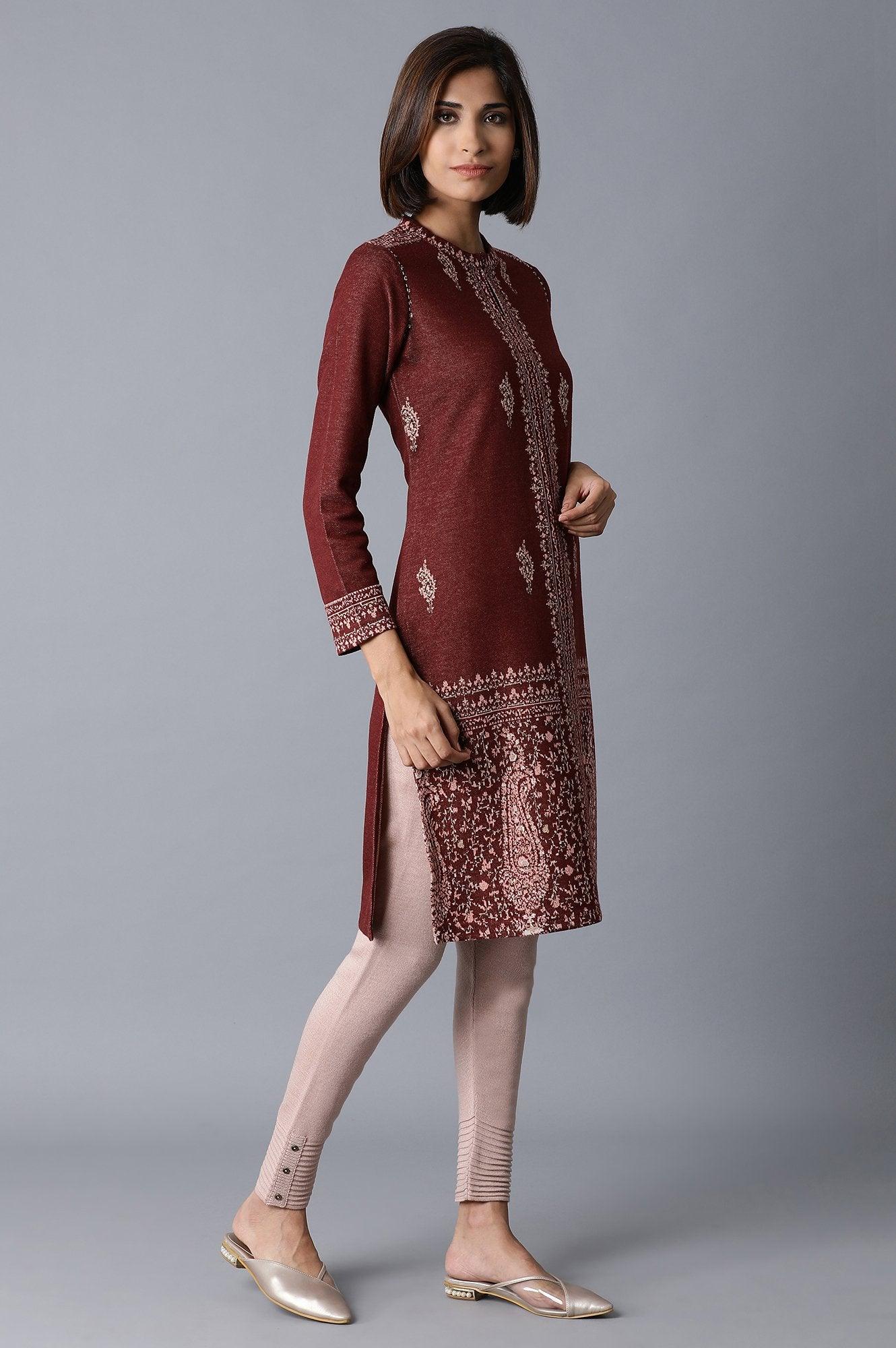 Maroon Placement Jacquard kurta - wforwoman