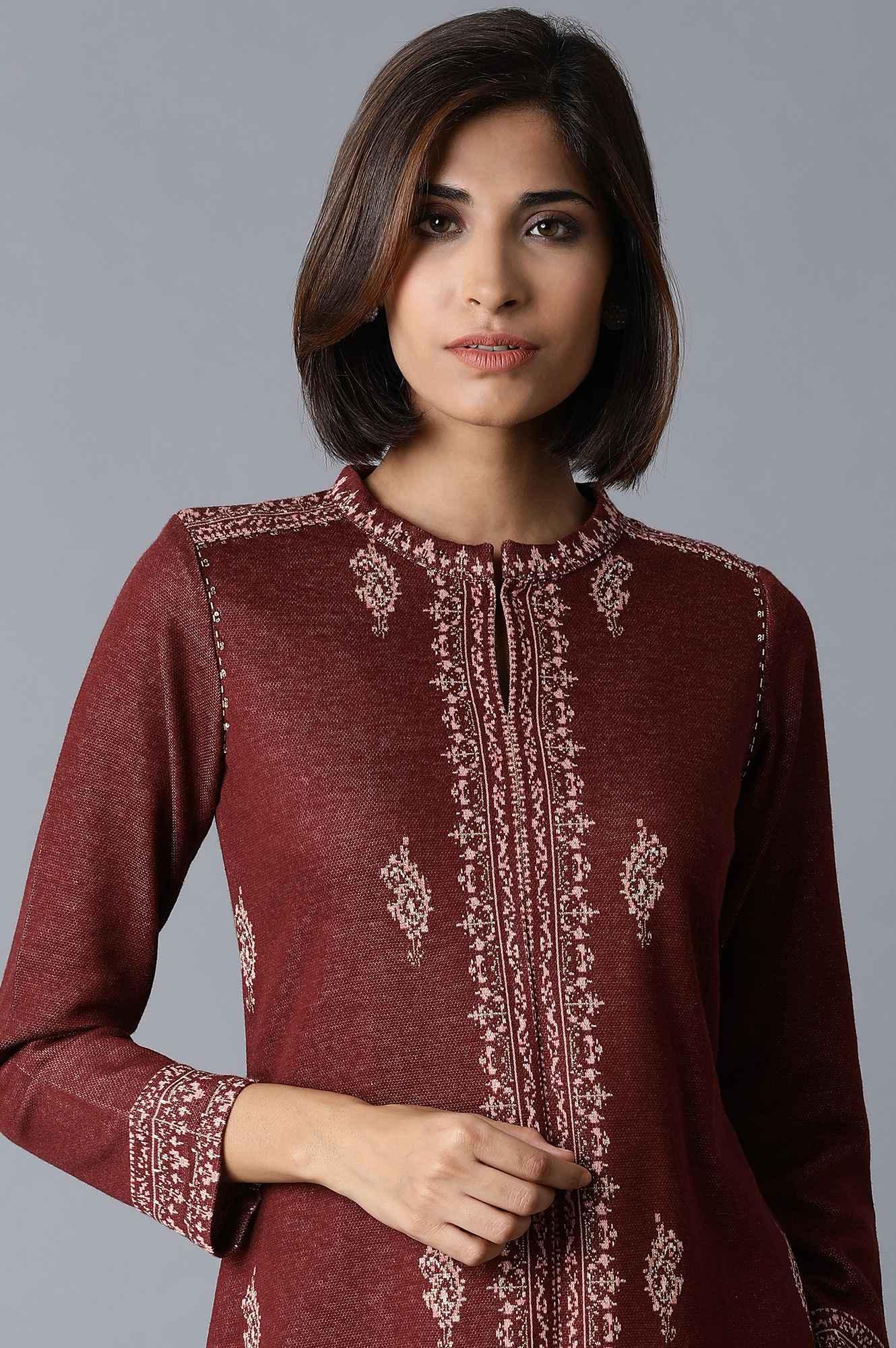 Maroon Placement Jacquard kurta - wforwoman