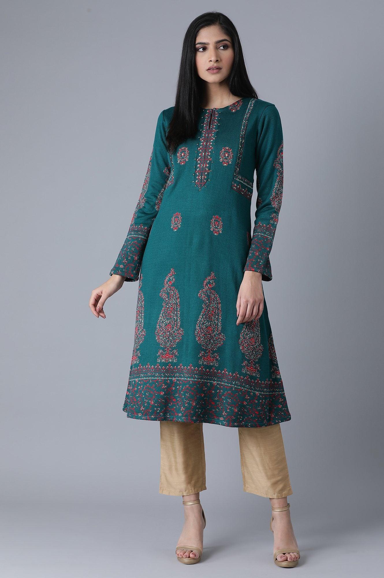 Bottle Green Jacquard A-Line kurta - wforwoman