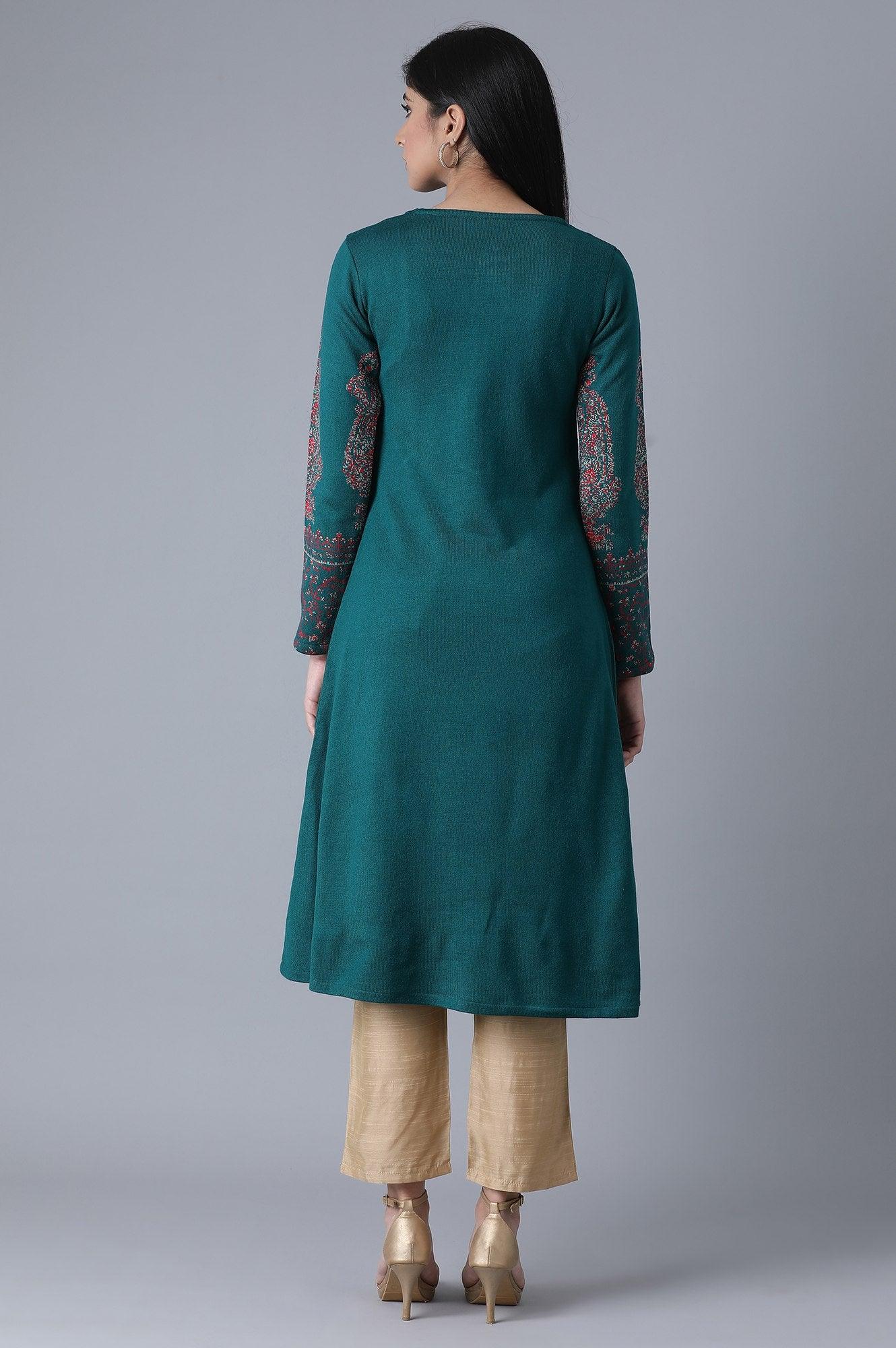 Bottle Green Jacquard A-Line kurta - wforwoman