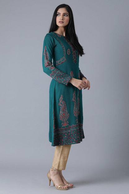 Bottle Green Jacquard A-Line kurta - wforwoman