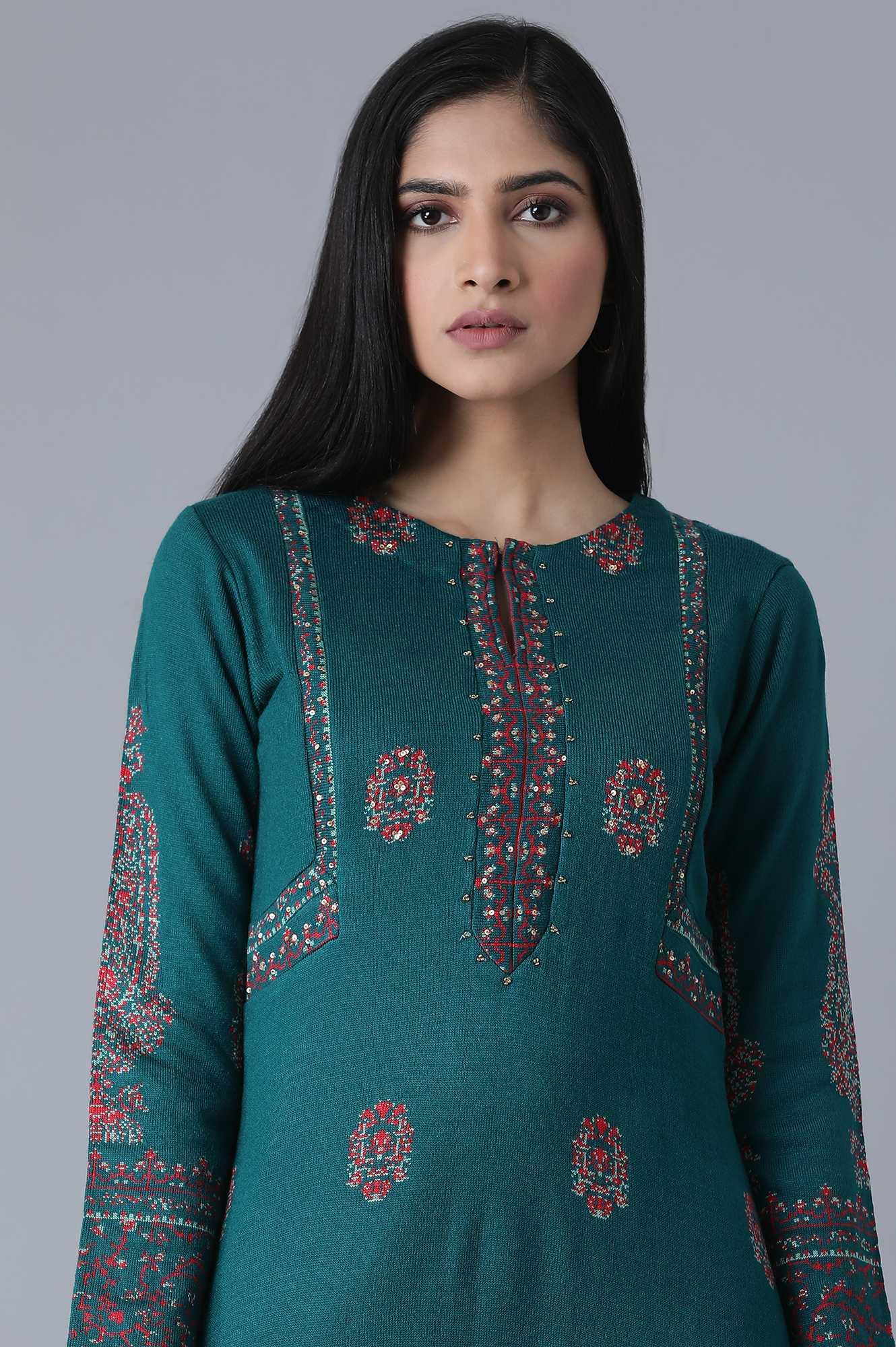 Bottle Green Jacquard A-Line kurta - wforwoman