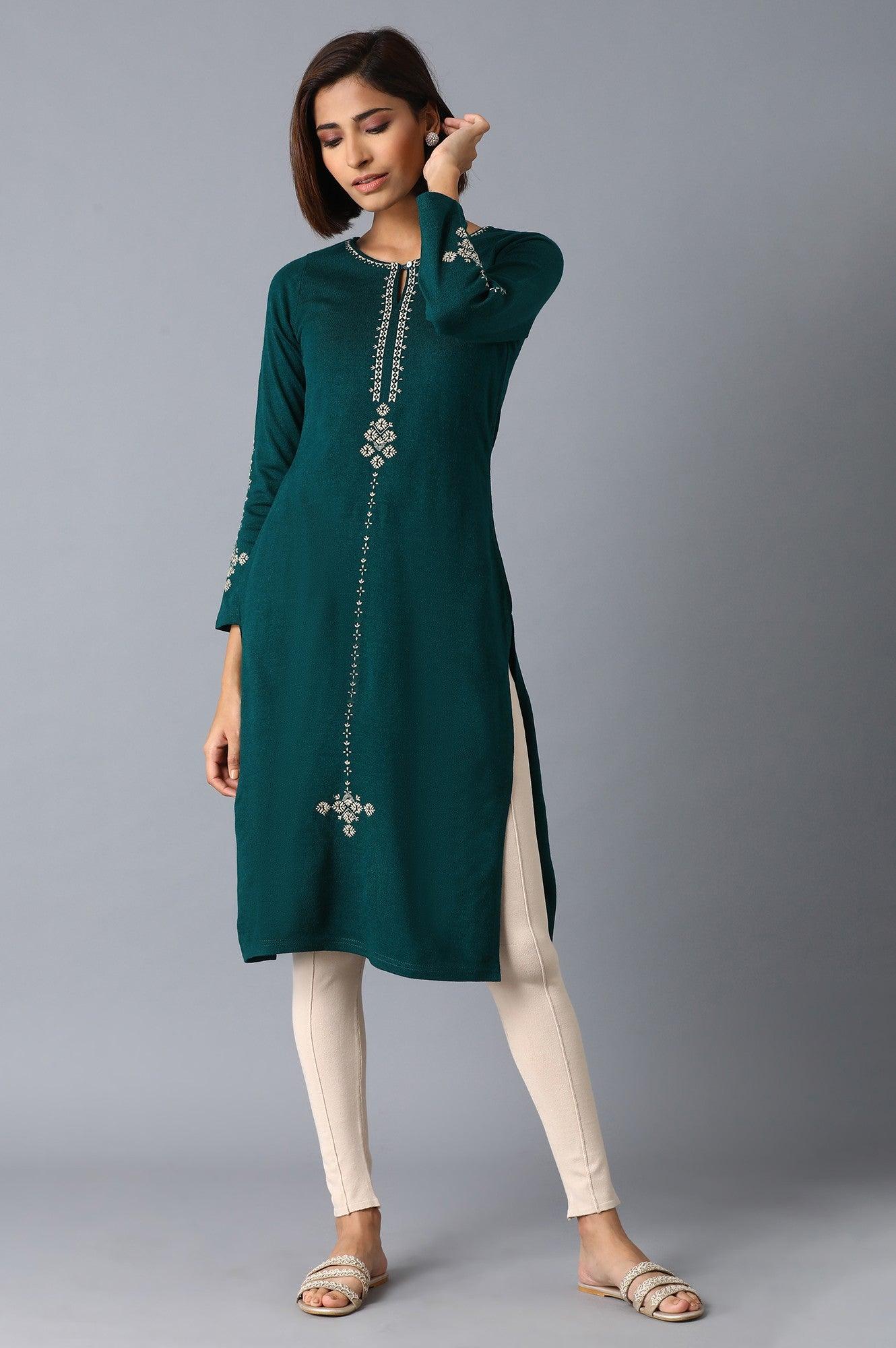 Bottle Green Solid Embroidered kurta - wforwoman