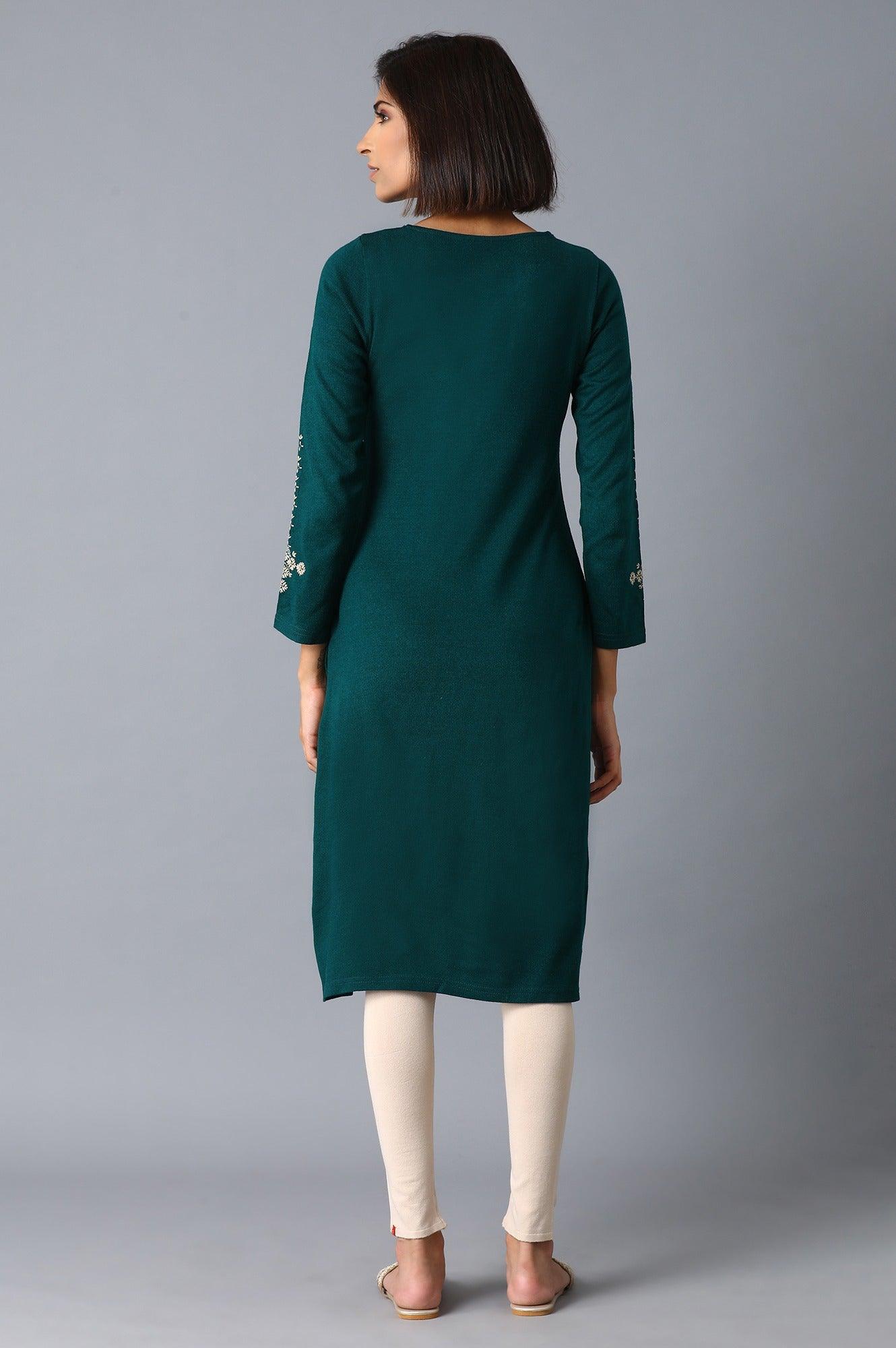 Bottle Green Solid Embroidered kurta - wforwoman