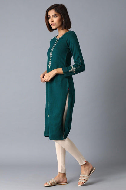 Bottle Green Solid Embroidered kurta - wforwoman