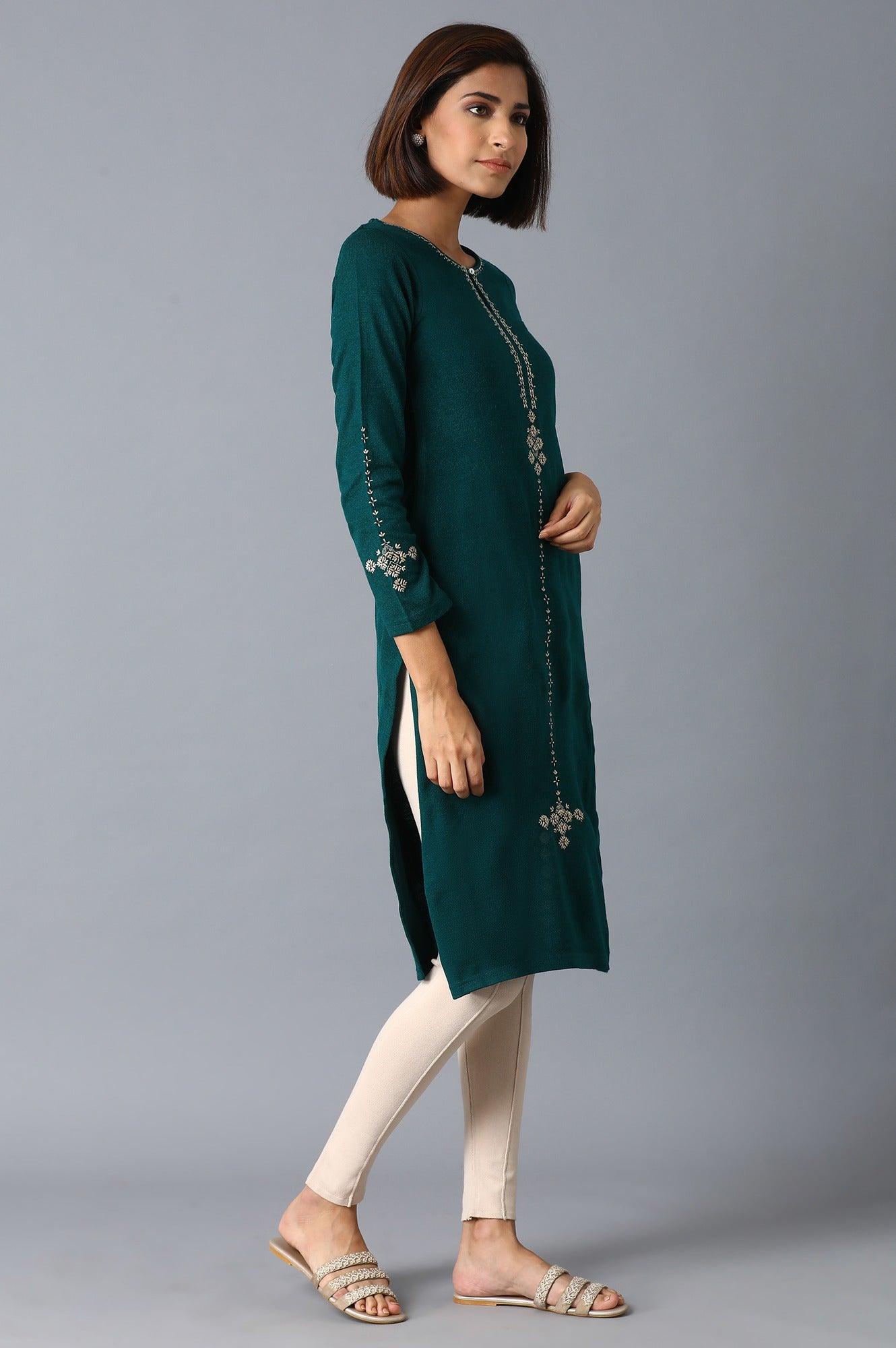 Bottle Green Solid Embroidered kurta - wforwoman