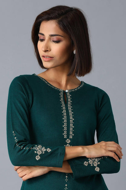 Bottle Green Solid Embroidered kurta - wforwoman