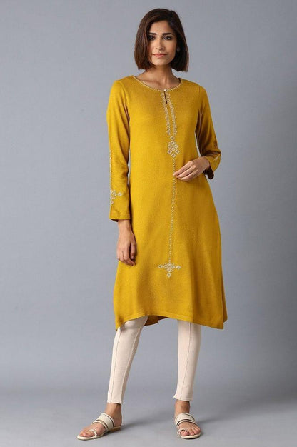 Yellow Solid Embroidered Acrylic kurta - wforwoman