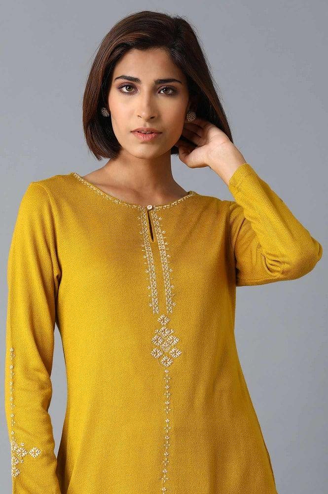 Yellow Solid Embroidered Acrylic kurta - wforwoman