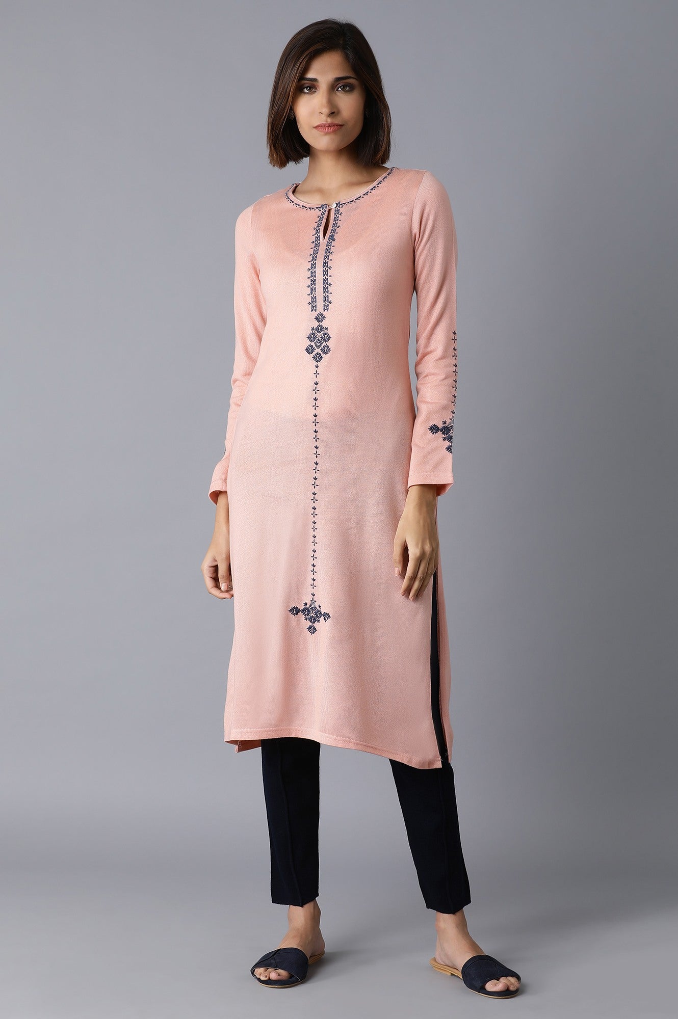 Pink Solid Embroidered Straight kurta