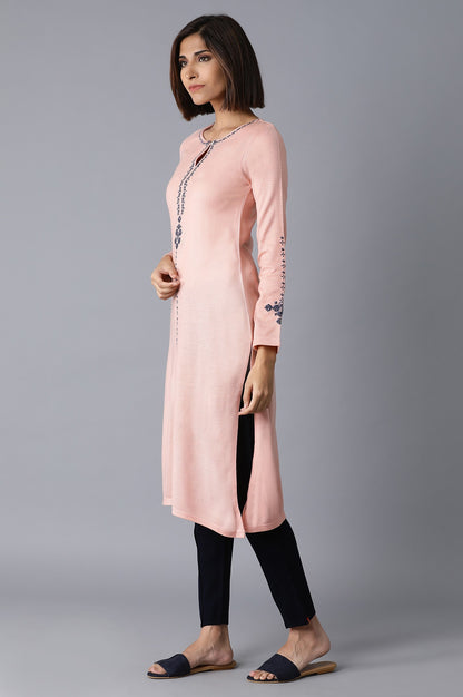 Pink Solid Embroidered Straight kurta