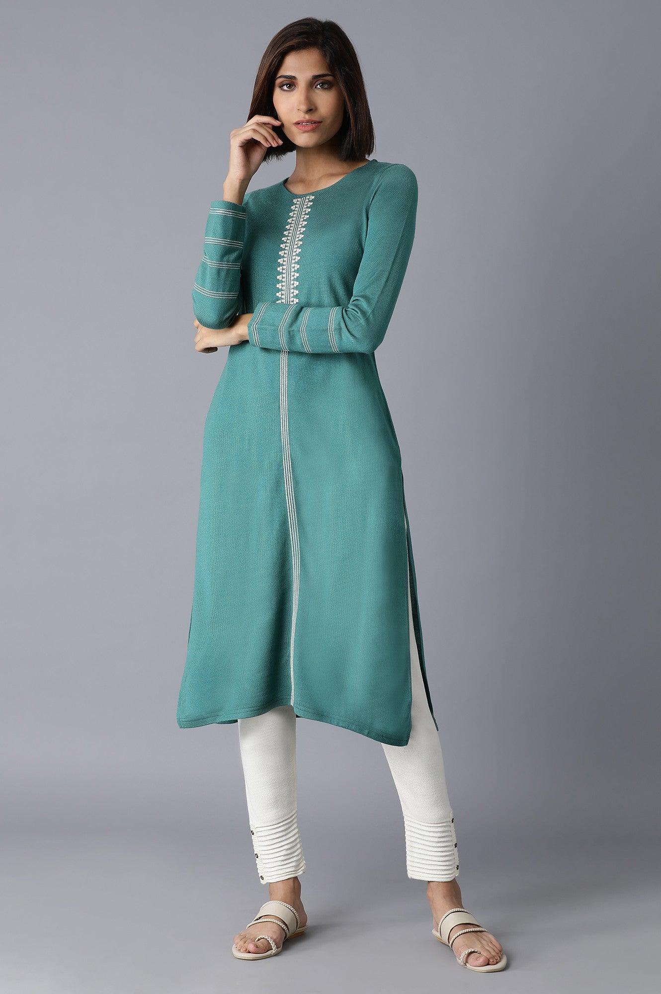 Teal Solid Acrylic Straight kurta - wforwoman