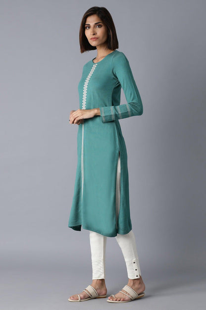 Teal Solid Acrylic Straight kurta - wforwoman