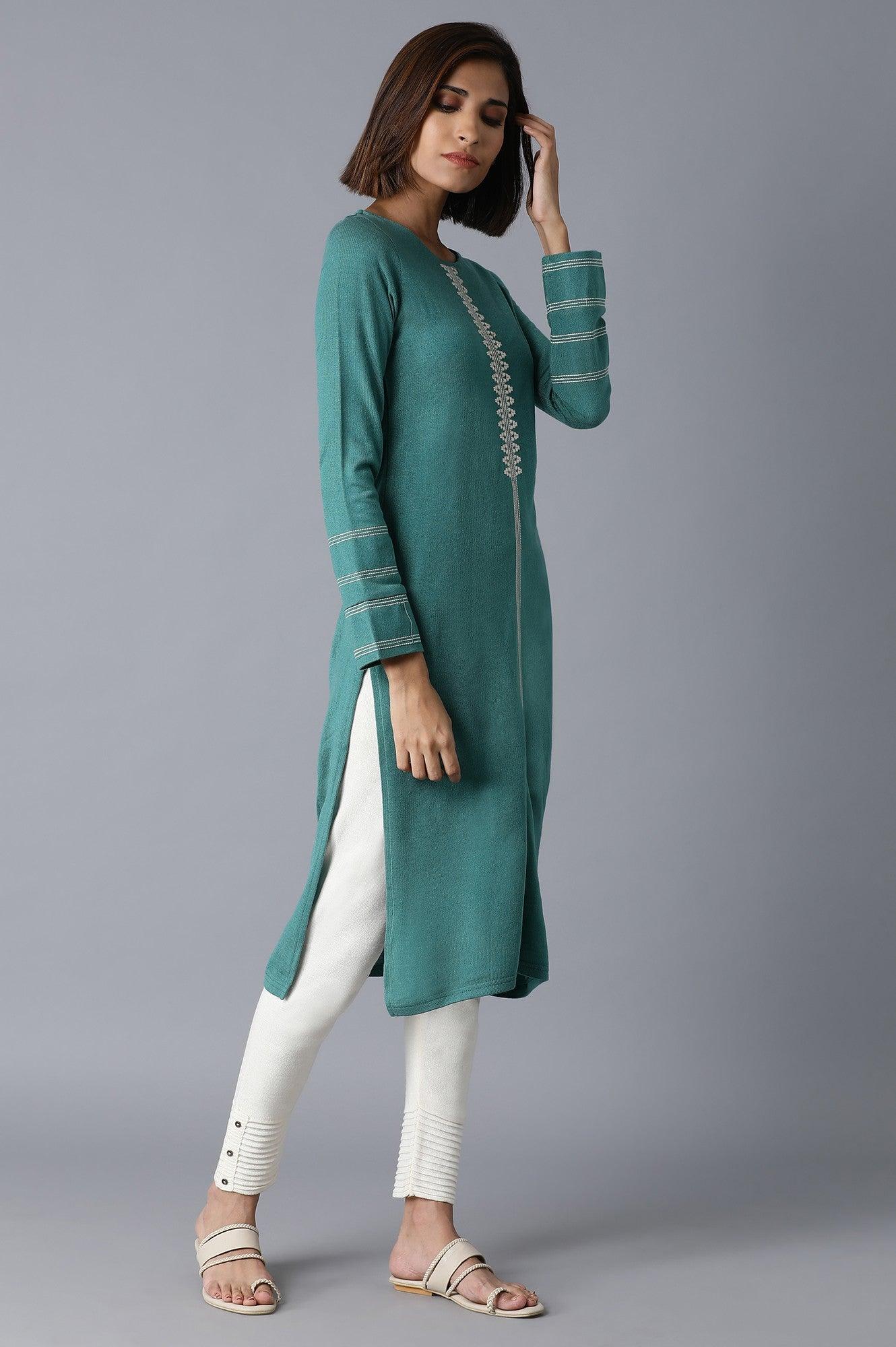 Teal Solid Acrylic Straight kurta - wforwoman