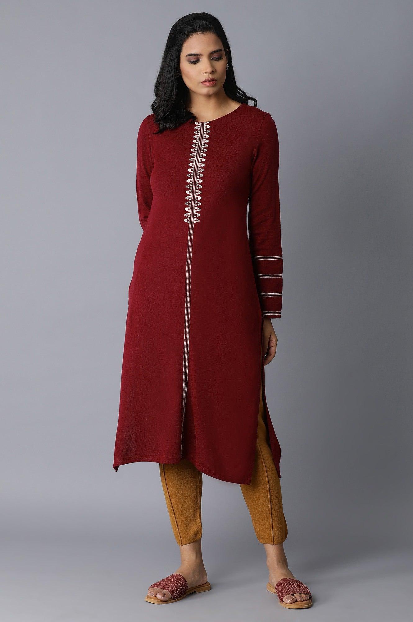 Red Acrylic Straight kurta - wforwoman