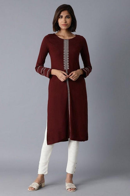 Dark Red Solid Winter kurta - wforwoman