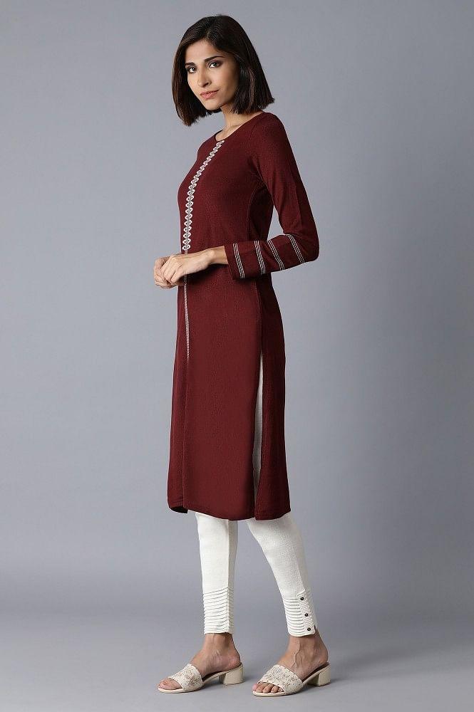 Dark Red Solid Winter kurta - wforwoman