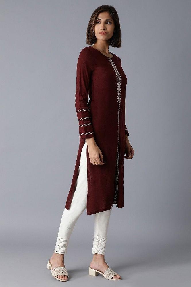 Dark Red Solid Winter kurta - wforwoman