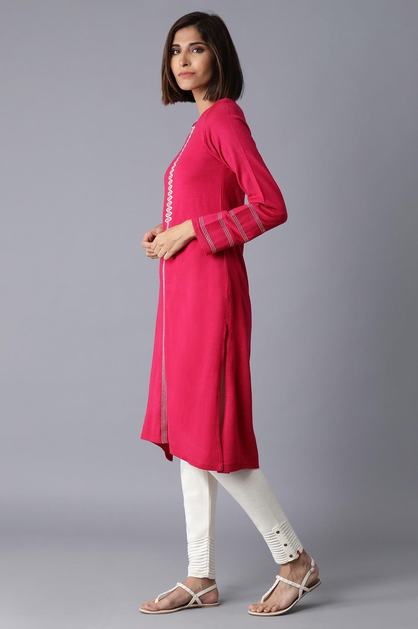 Pink Solid Winter kurta - wforwoman