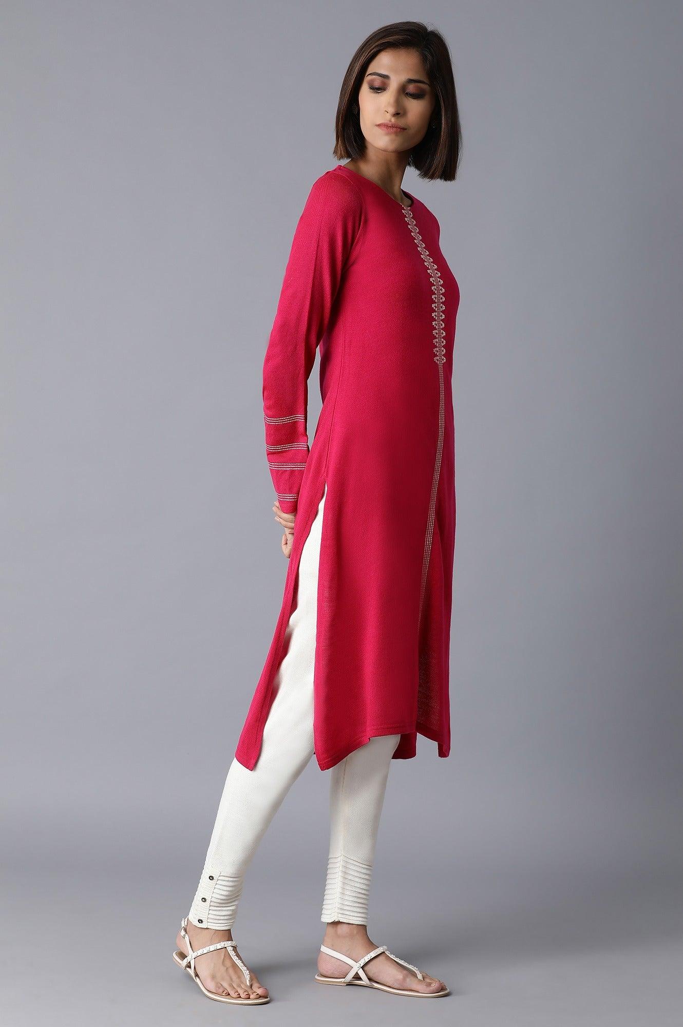 Pink Solid Winter kurta - wforwoman