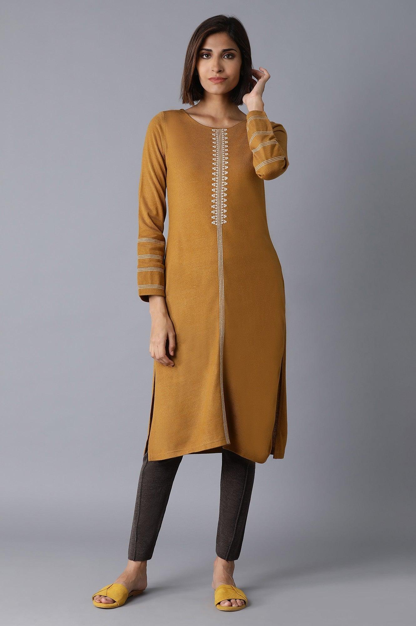 Dark Yellow Solid Acrylic kurta - wforwoman