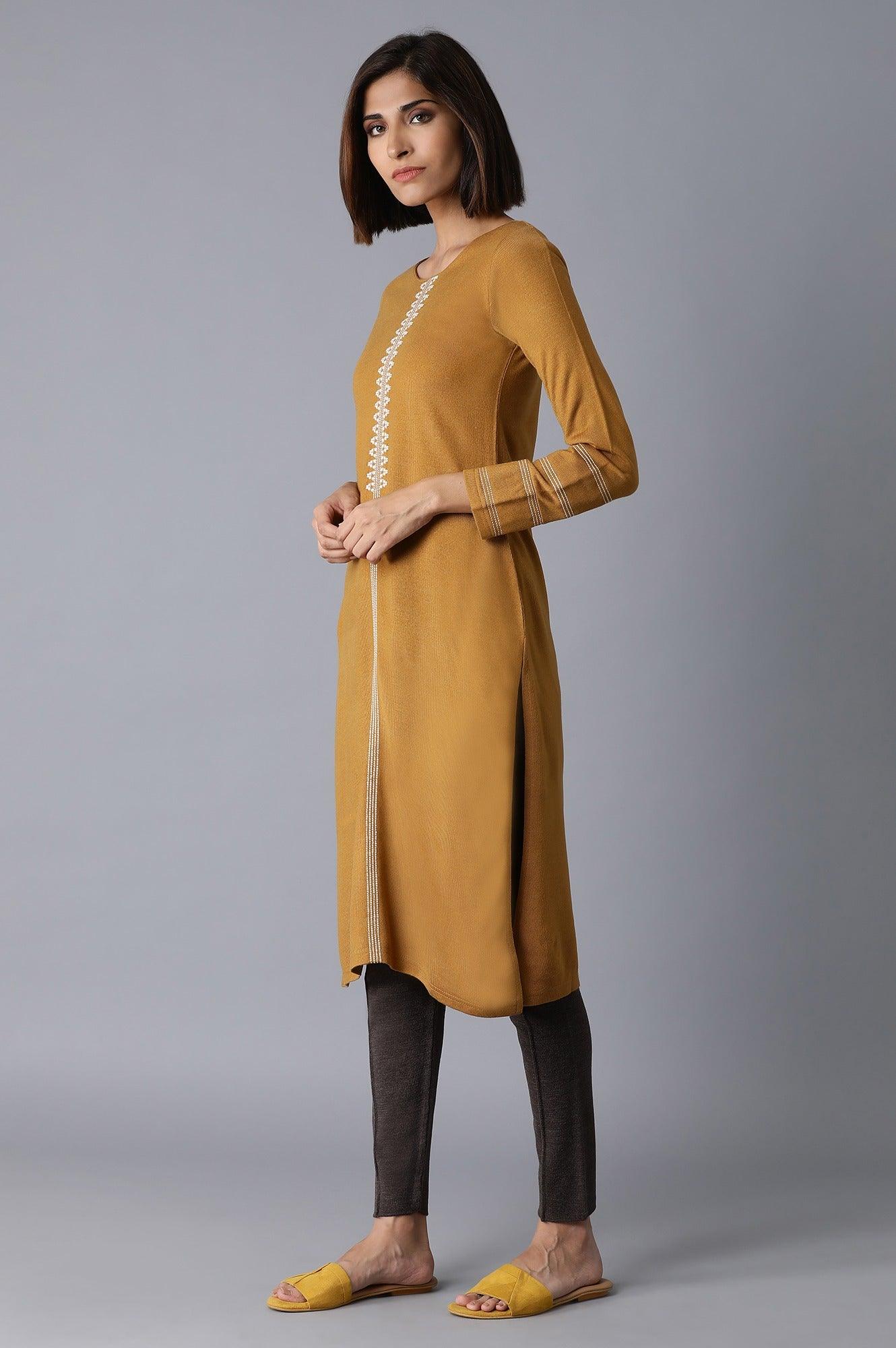 Dark Yellow Solid Acrylic kurta - wforwoman