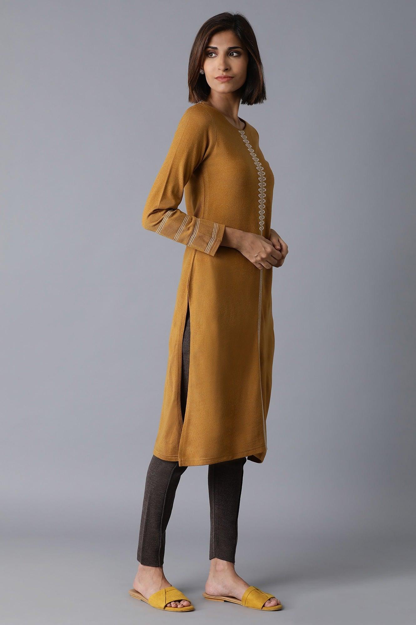 Dark Yellow Solid Acrylic kurta - wforwoman