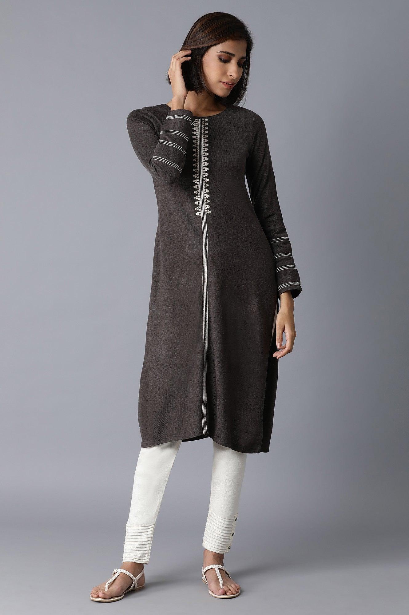 Charcoal Solid Straight kurta - wforwoman