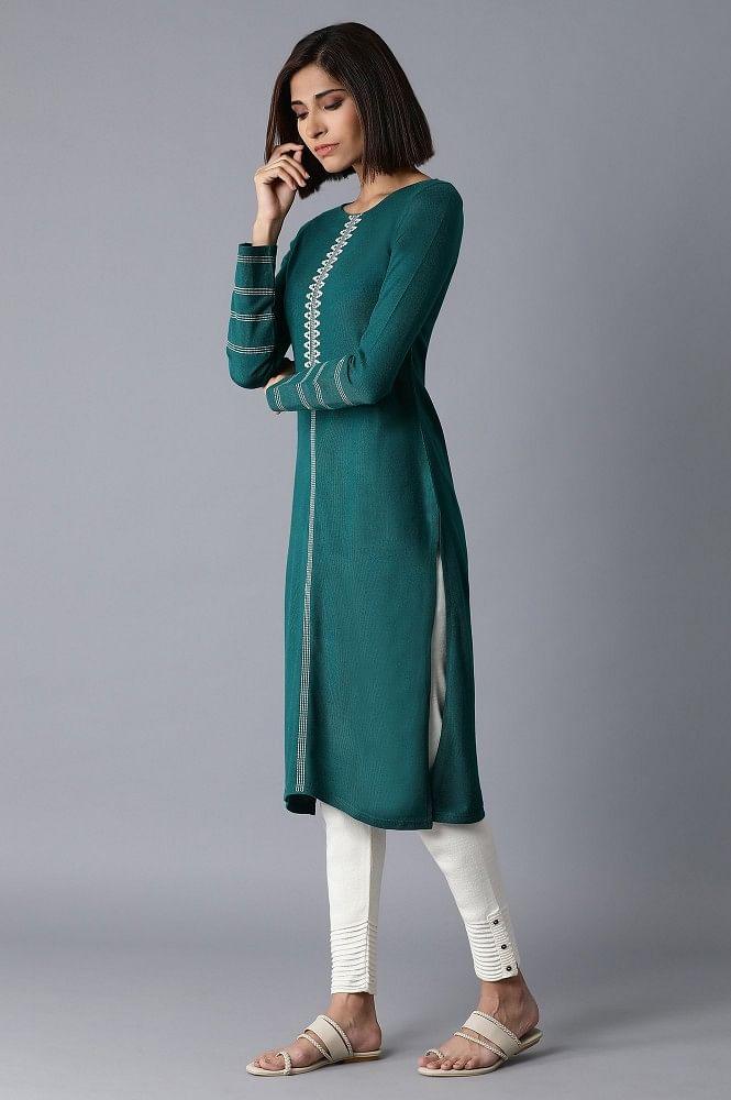 Green Acrylic Straight kurta - wforwoman