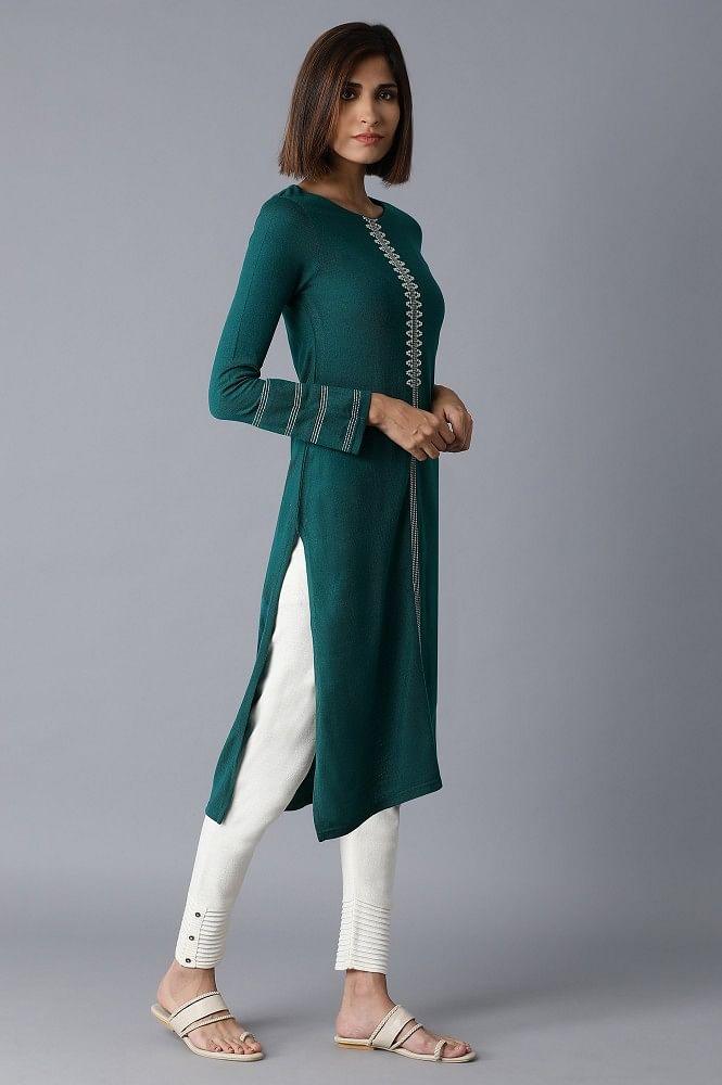 Green Acrylic Straight kurta - wforwoman