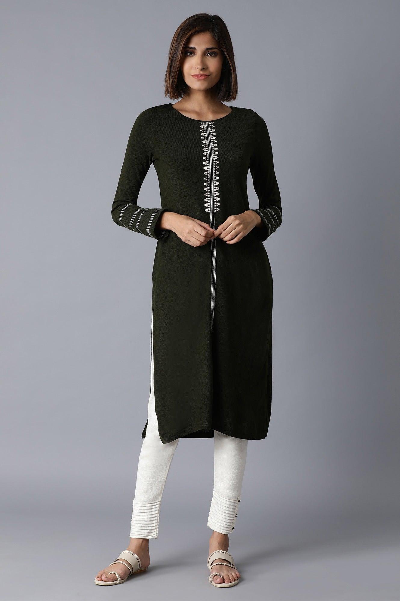 Olive Acrylic Straight kurta - wforwoman