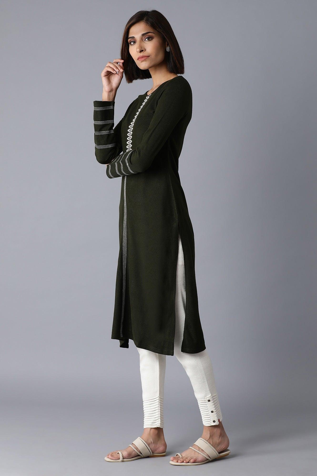 Olive Acrylic Straight kurta - wforwoman