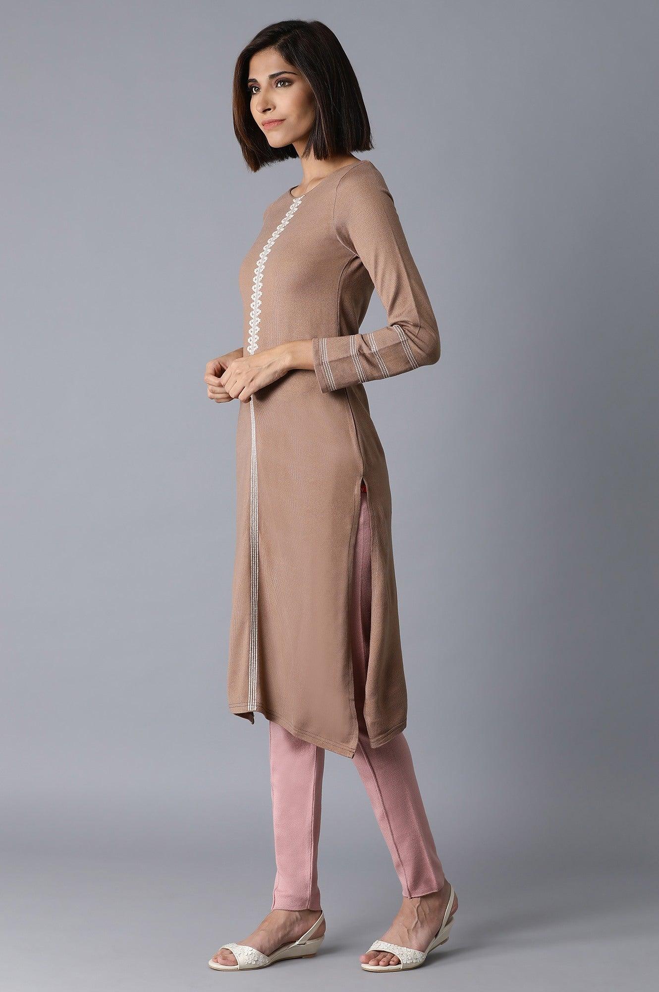 Light Brown Solid Straight kurta - wforwoman