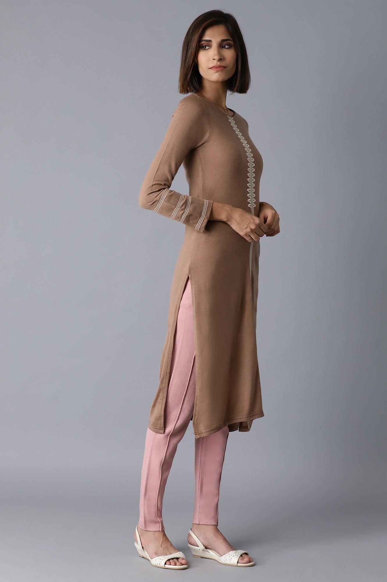 Light Brown Solid Straight kurta - wforwoman