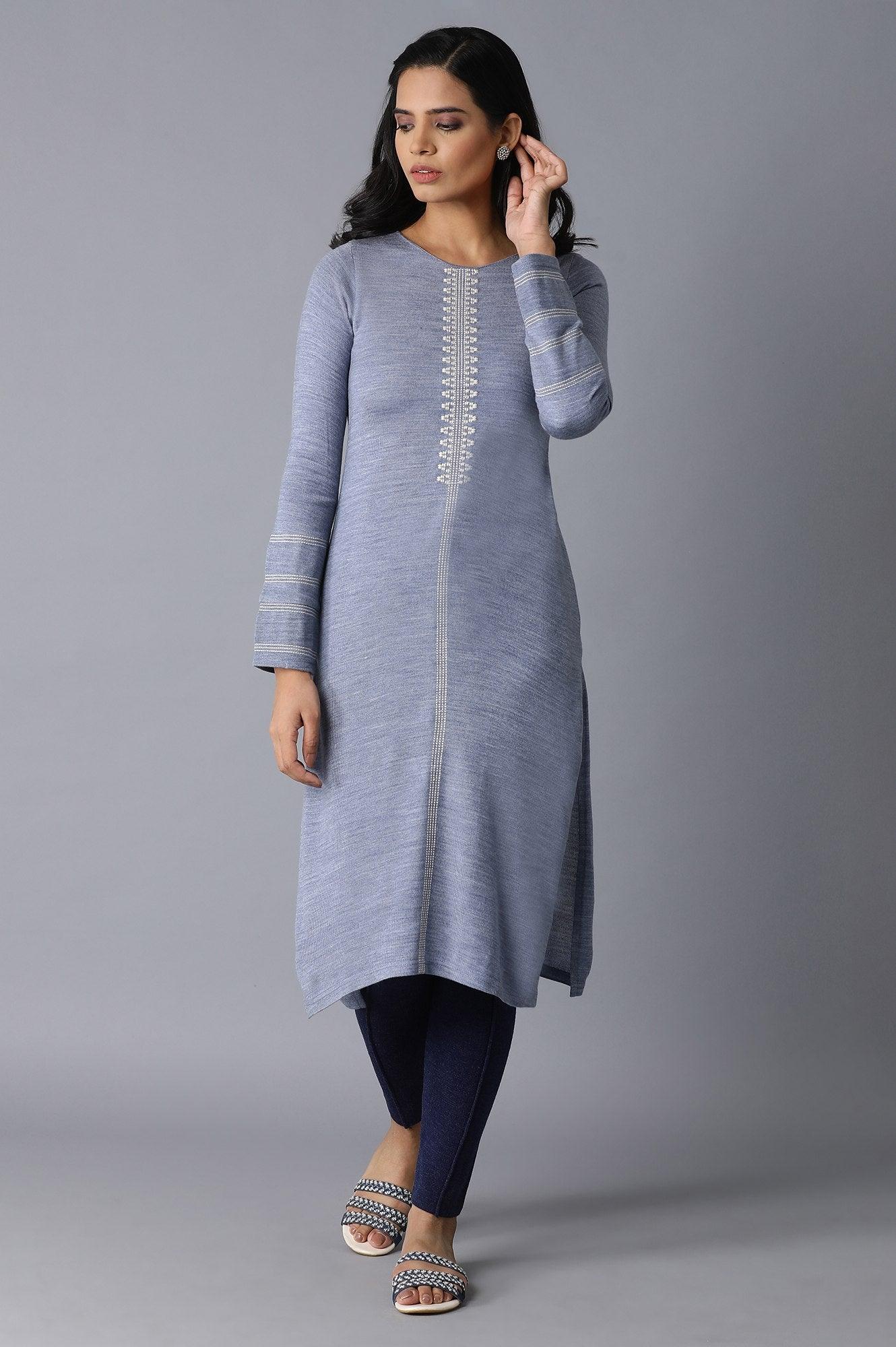 Powder Blue Acrylic Straight kurta - wforwoman