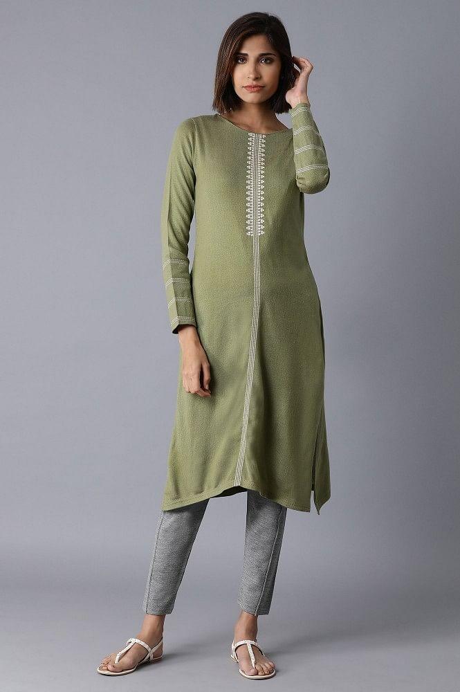 Green Acrylic Straight kurta - wforwoman