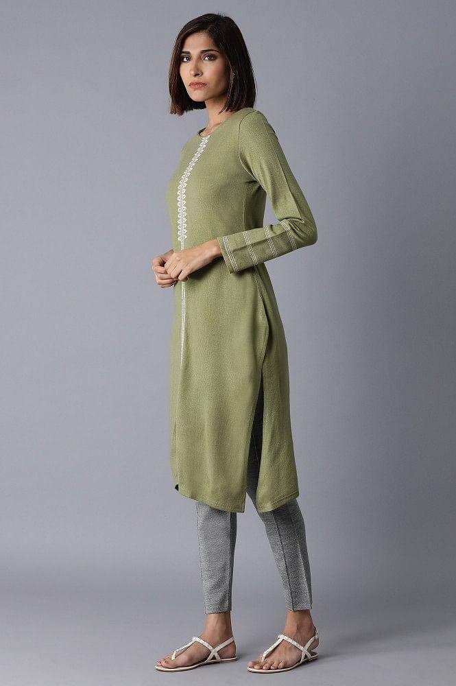 Green Acrylic Straight kurta - wforwoman