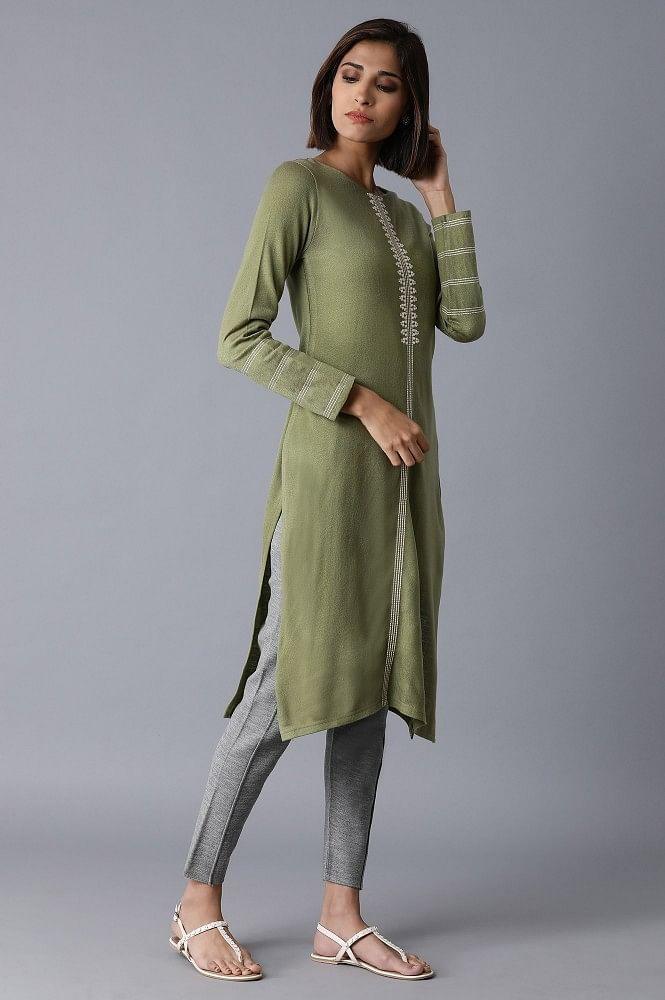 Green Acrylic Straight kurta - wforwoman