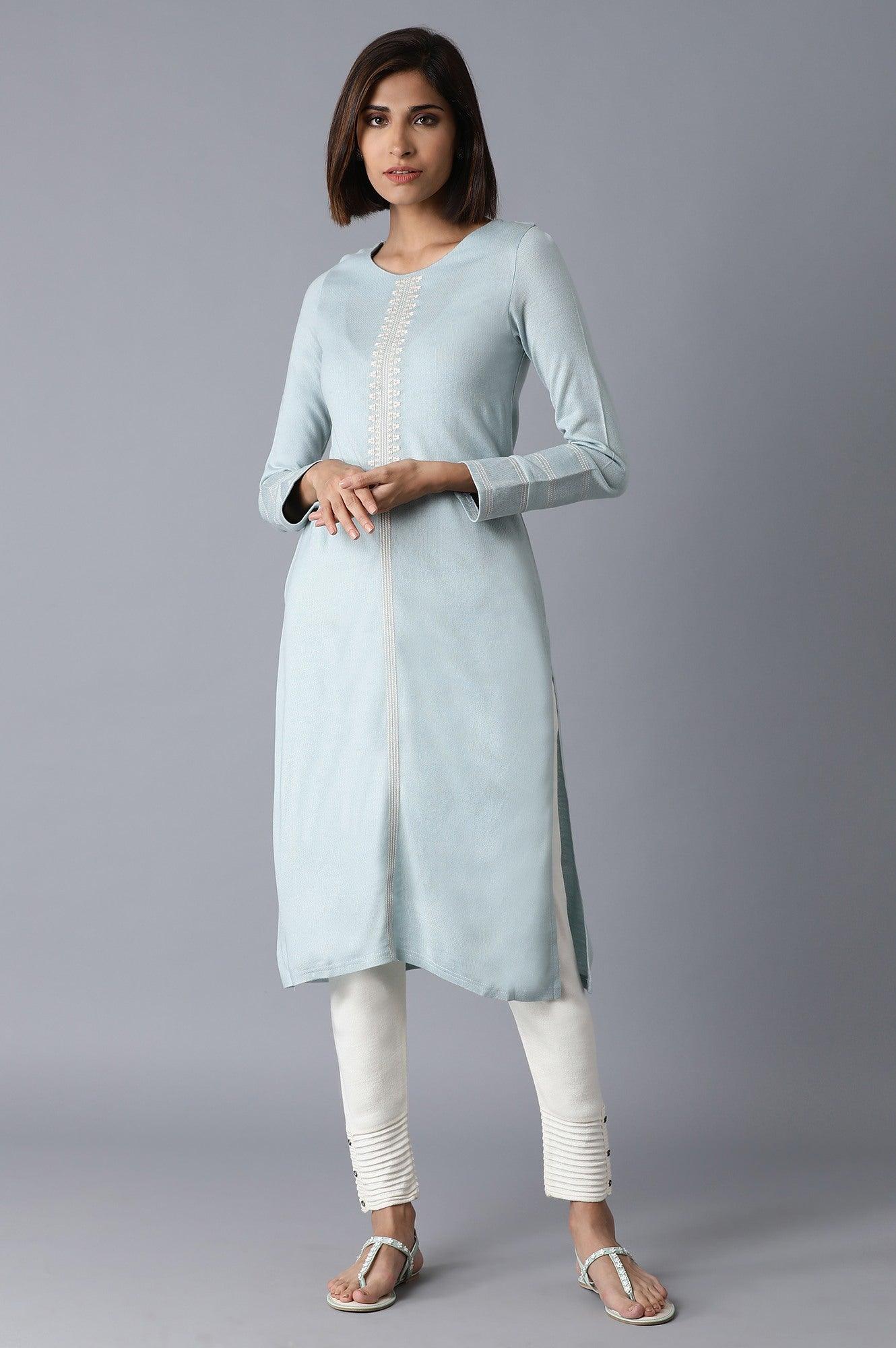 Morning Blue Solid Straight kurta - wforwoman