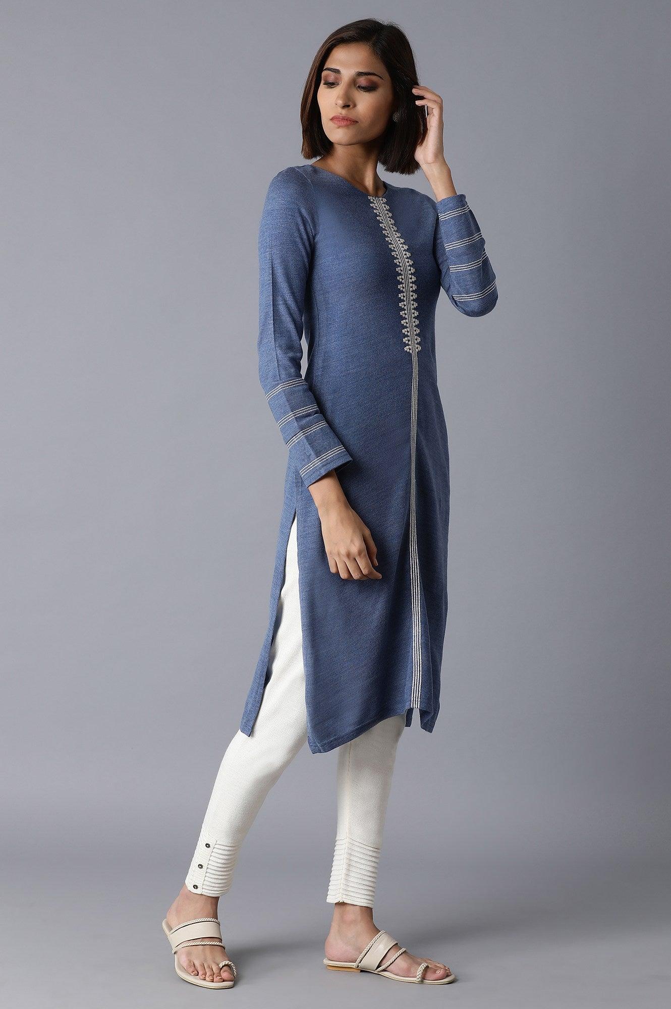 Blue Solid Winter kurta - wforwoman