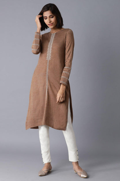 Beige Solid Straight Winter kurta - wforwoman