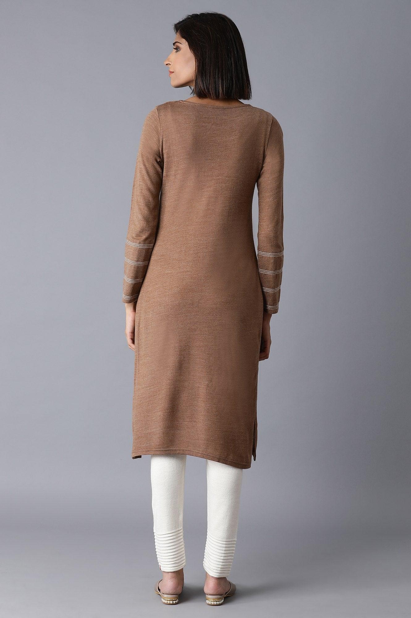 Beige Solid Straight Winter kurta - wforwoman