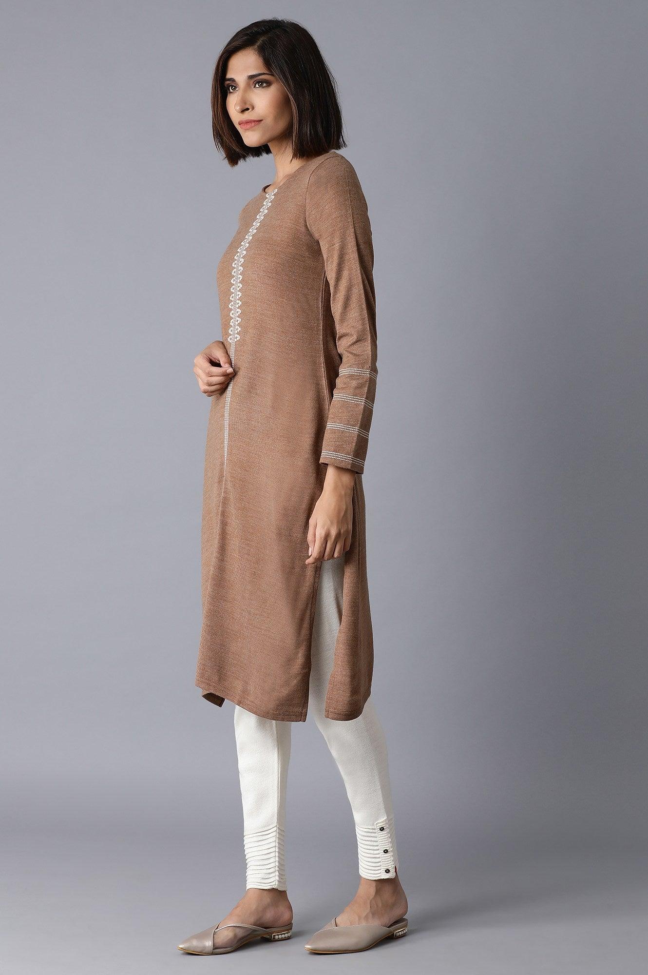 Beige Solid Straight Winter kurta - wforwoman