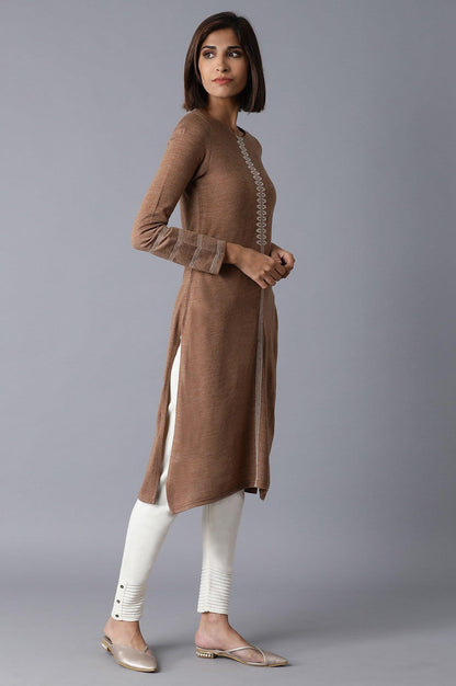 Beige Solid Straight Winter kurta - wforwoman