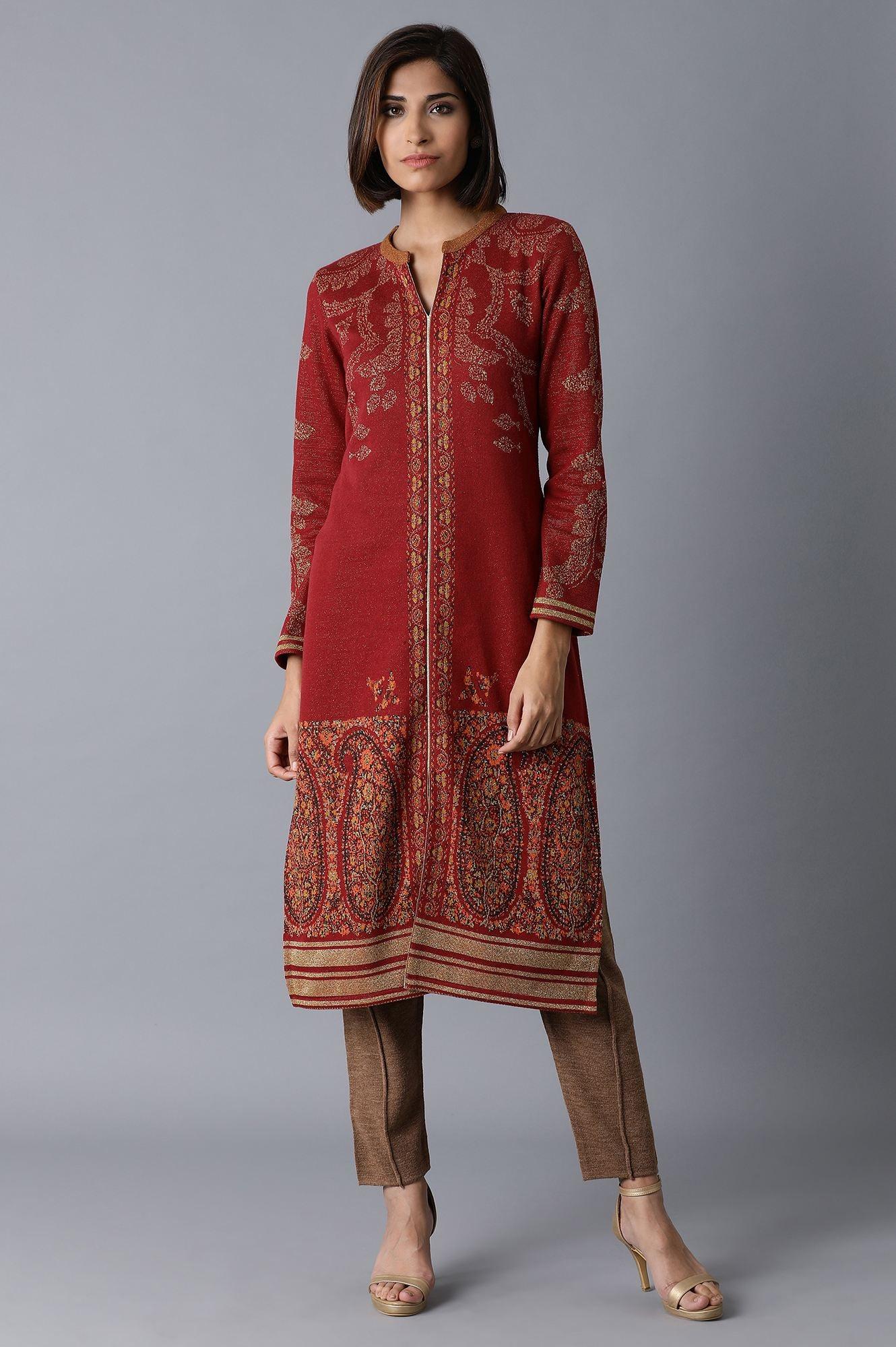 Maroon Acrylic Jacquard kurta - wforwoman