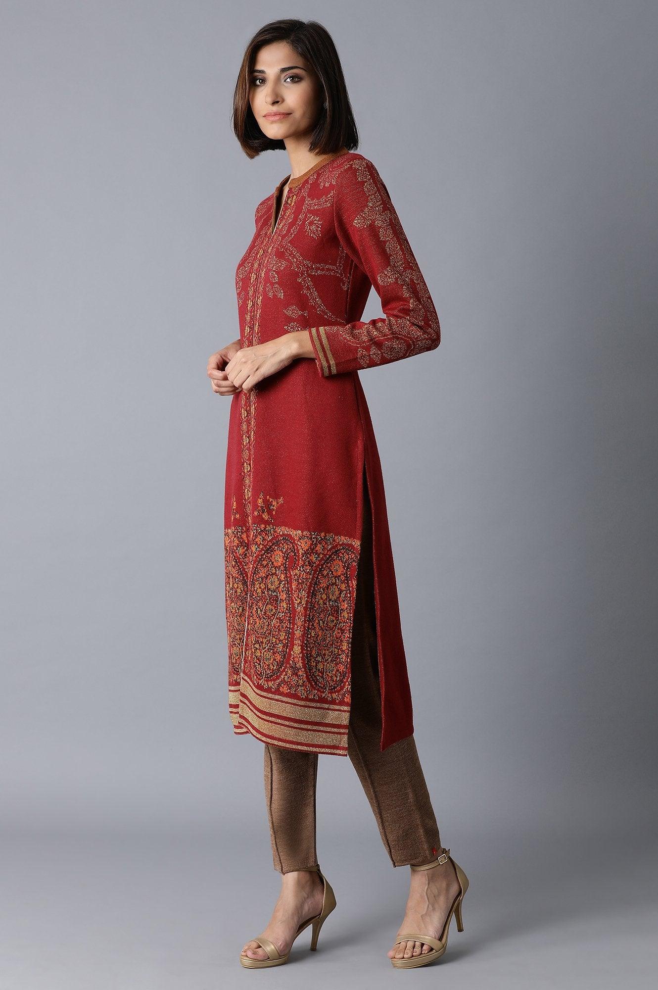 Maroon Acrylic Jacquard kurta - wforwoman