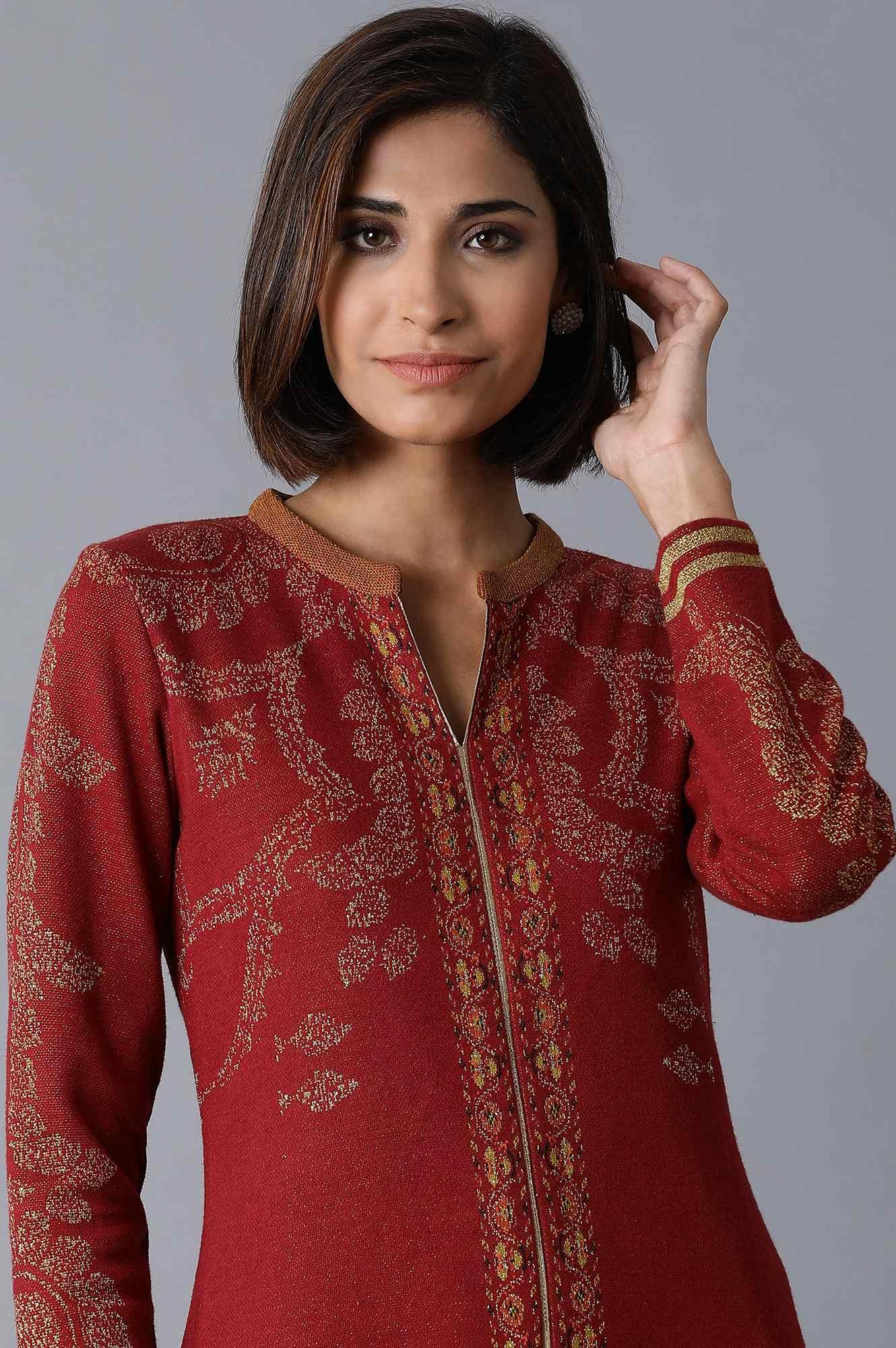 Maroon Acrylic Jacquard kurta - wforwoman