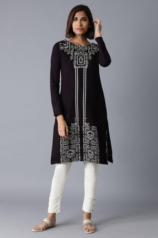 Purple Acrylic Jacquard kurta - wforwoman