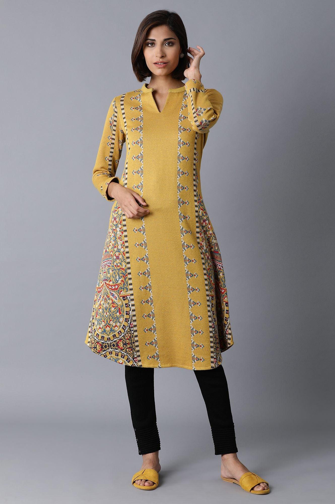 Yellow Jacquard Winter kurta - wforwoman