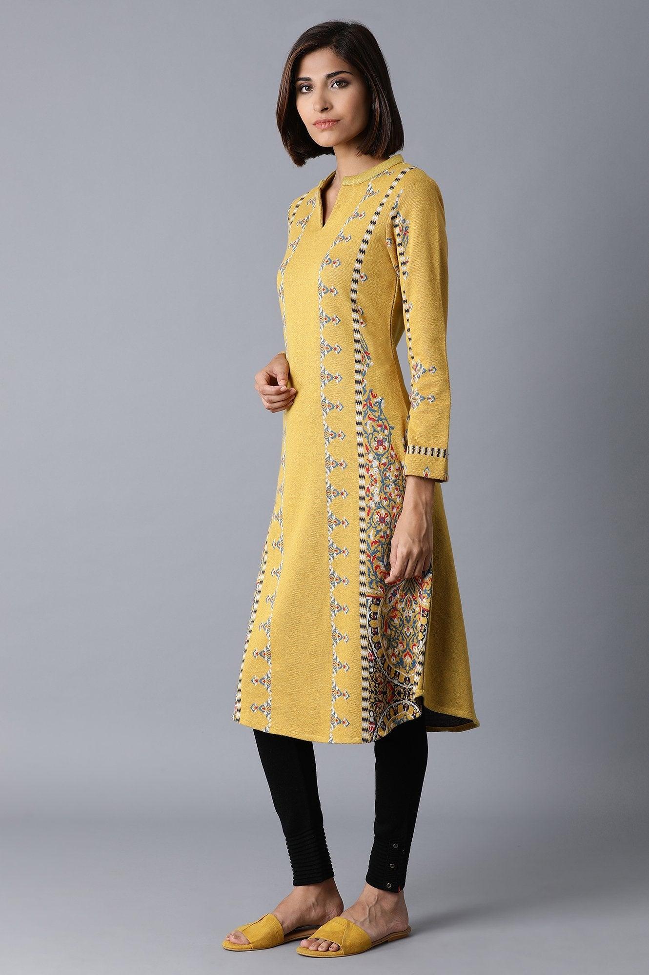 Yellow Jacquard Winter kurta - wforwoman